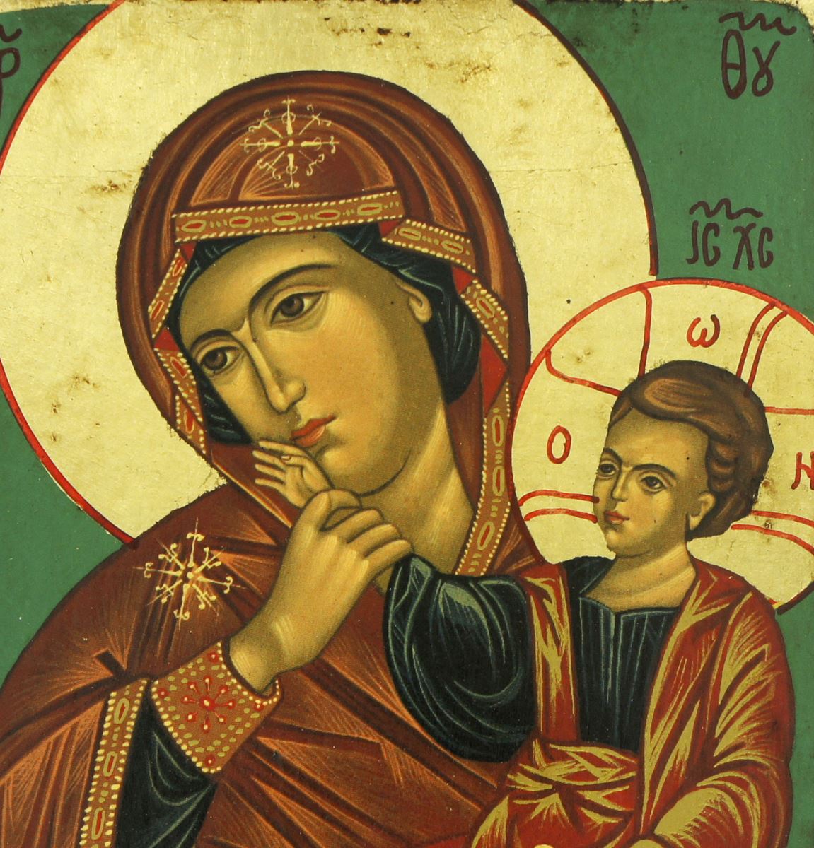 icona madonna della tenerezza, vergine di vladimir, icona in stile arte bizantina, icona su legno rifinita con aureole, scritte e bordure fatte a mano, produzione greca - 24,5 x 18 cm