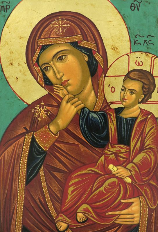 icona madonna della tenerezza, vergine di vladimir, icona in stile arte bizantina, icona su legno rifinita con aureole, scritte e bordure fatte a mano, produzione greca - 24,5 x 18 cm