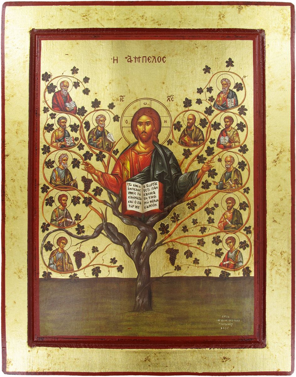 icona albero della vita, icona in stile arte bizantina, icona su legno rifinita con aureole, scritte e bordure fatte a mano, produzione greca - 25 x 32 cm