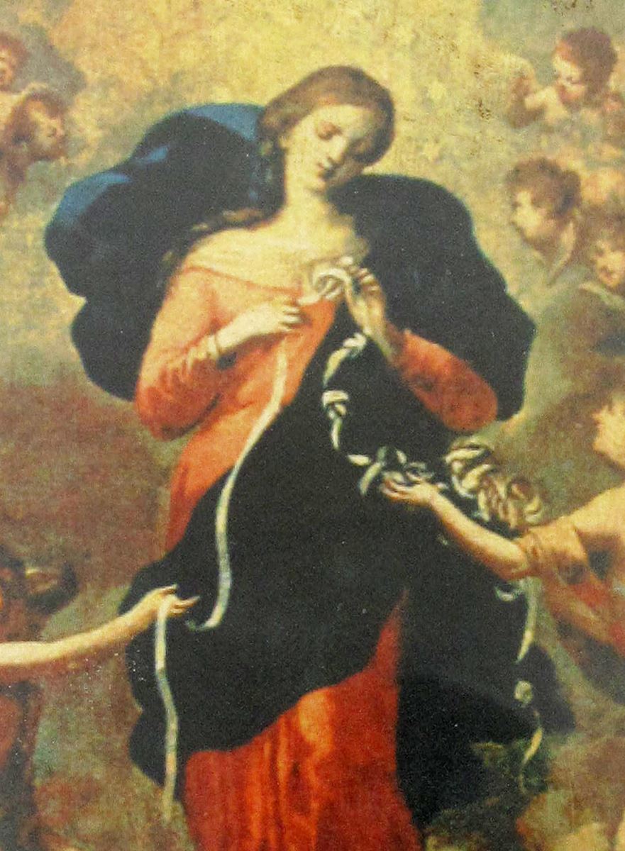 icona madonna che scioglie i nodi, icona in stile arte bizantina, icona su legno rifinita con aureole, scritte e bordure fatte a mano, produzione greca - 18 x 14 cm