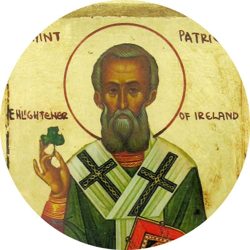 icona saint patrick / san patrizio, icona in stile arte bizantina, icona su legno rifinita con aureole, scritte e bordure fatte a mano, produzione greca - 14 x 11 cm 