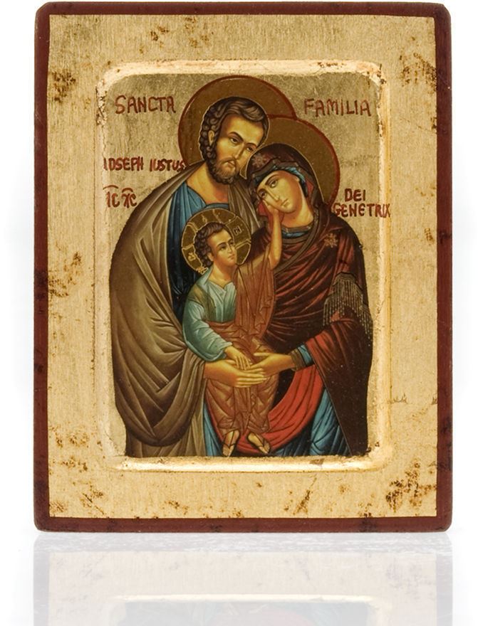 icona sacra famiglia, icona in stile arte bizantina, icona su legno rifinita con aureole, scritte e bordure fatte a mano, produzione greca - 13 x 10 cm