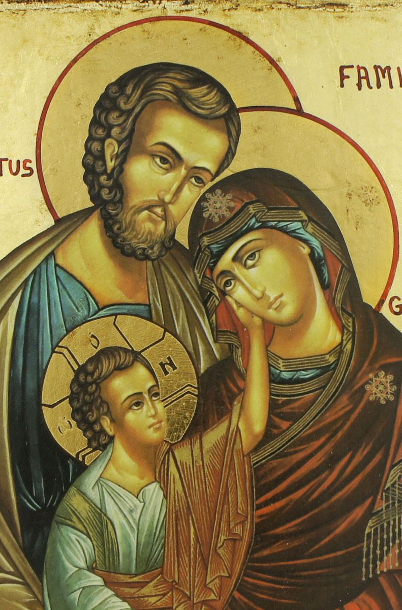icona sacra famiglia, icona in stile arte bizantina, icona su legno rifinita con aureole, scritte e bordure fatte a mano, produzione greca - 18,5 x 14 cm