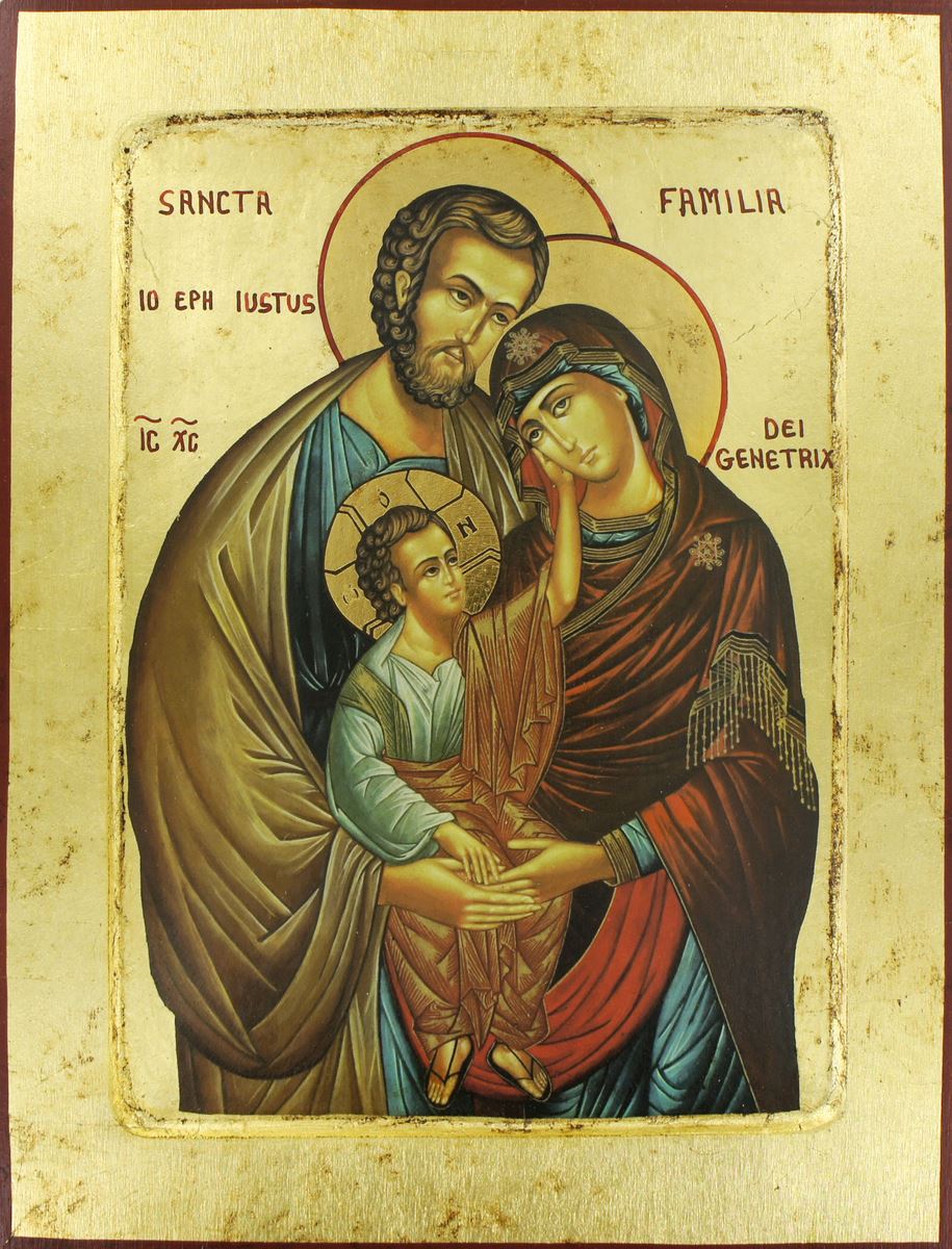 icona sacra famiglia, icona in stile arte bizantina, icona su legno rifinita con aureole, scritte e bordure fatte a mano, produzione greca - 31,5 x 24 cm