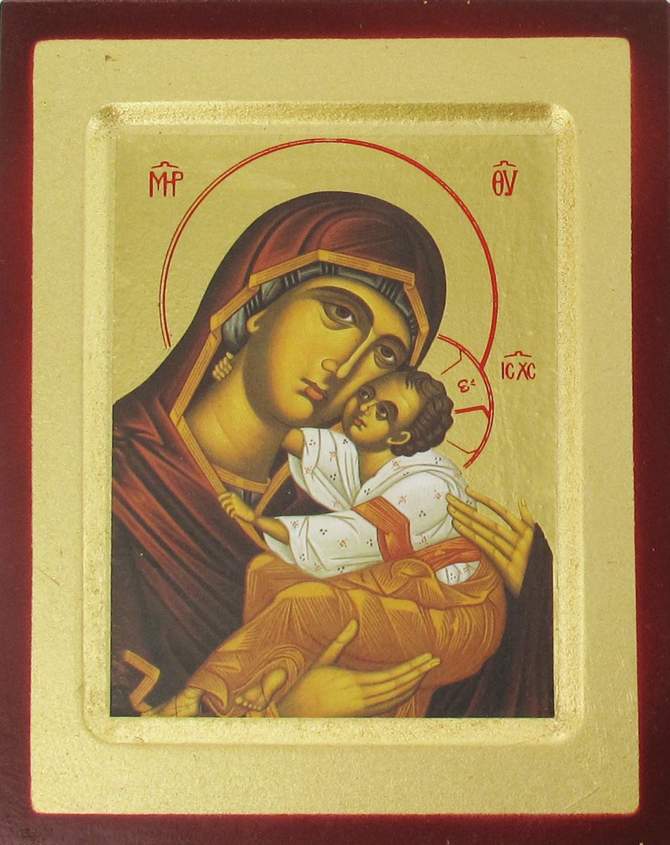 icona madonna con manto rosso stampa su legno scavato - 17 x 13 cm
