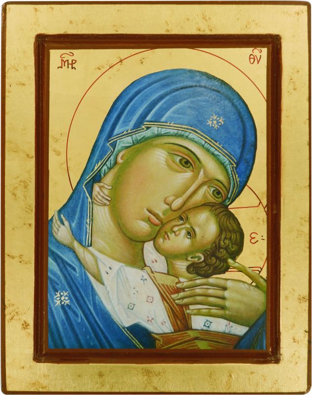 icona volto della madonna della tenerezza, icona in stile arte bizantina, icona su legno rifinita con aureole, scritte e bordure fatte a mano, produzione greca - 24 x 19 cm