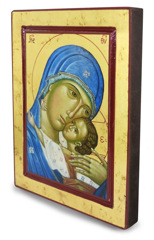 icona volto della madonna della tenerezza, icona in stile arte bizantina, icona su legno rifinita con aureole, scritte e bordure fatte a mano, produzione greca - 24 x 19 cm