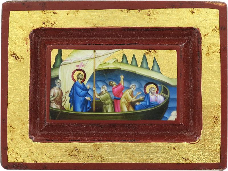 icona gesù e discepoli - tempesta sedata, icona in stile arte bizantina, icona su legno rifinita con aureole, scritte e bordure fatte a mano, produzione greca (8 x 6 cm)
