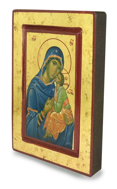 icona madonna della tenerezza, icona in stile arte bizantina, icona su legno rifinita con aureole, scritte e bordure fatte a mano, produzione greca - 20 x 14 cm