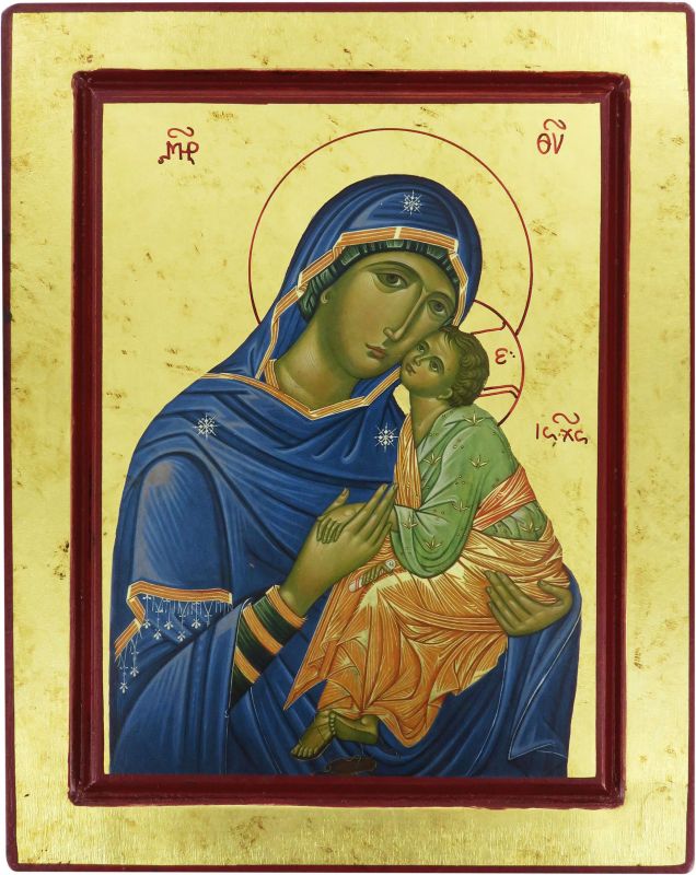 icona madonna della tenerezza, icona in stile arte bizantina, icona su legno rifinita con aureole, scritte e bordure fatte a mano, produzione greca - 25 x 20 cm