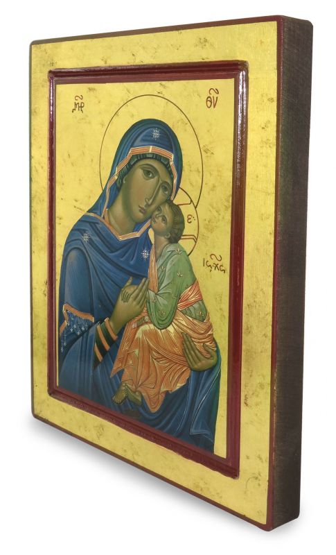 icona madonna della tenerezza, icona in stile arte bizantina, icona su legno rifinita con aureole, scritte e bordure fatte a mano, produzione greca - 25 x 20 cm