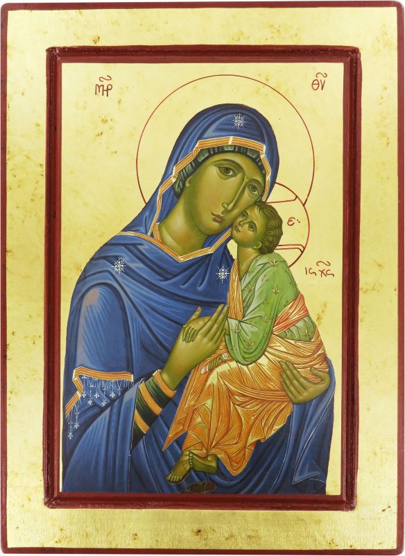 icona madonna della tenerezza, icona in stile arte bizantina, icona su legno rifinita con aureole, scritte e bordure fatte a mano, produzione greca - 30 x 22 cm