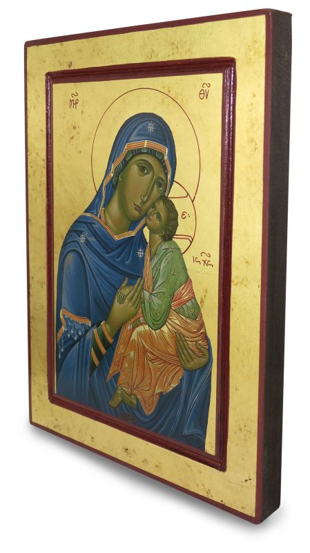 icona madonna della tenerezza, icona in stile arte bizantina, icona su legno rifinita con aureole, scritte e bordure fatte a mano, produzione greca - 30 x 22 cm