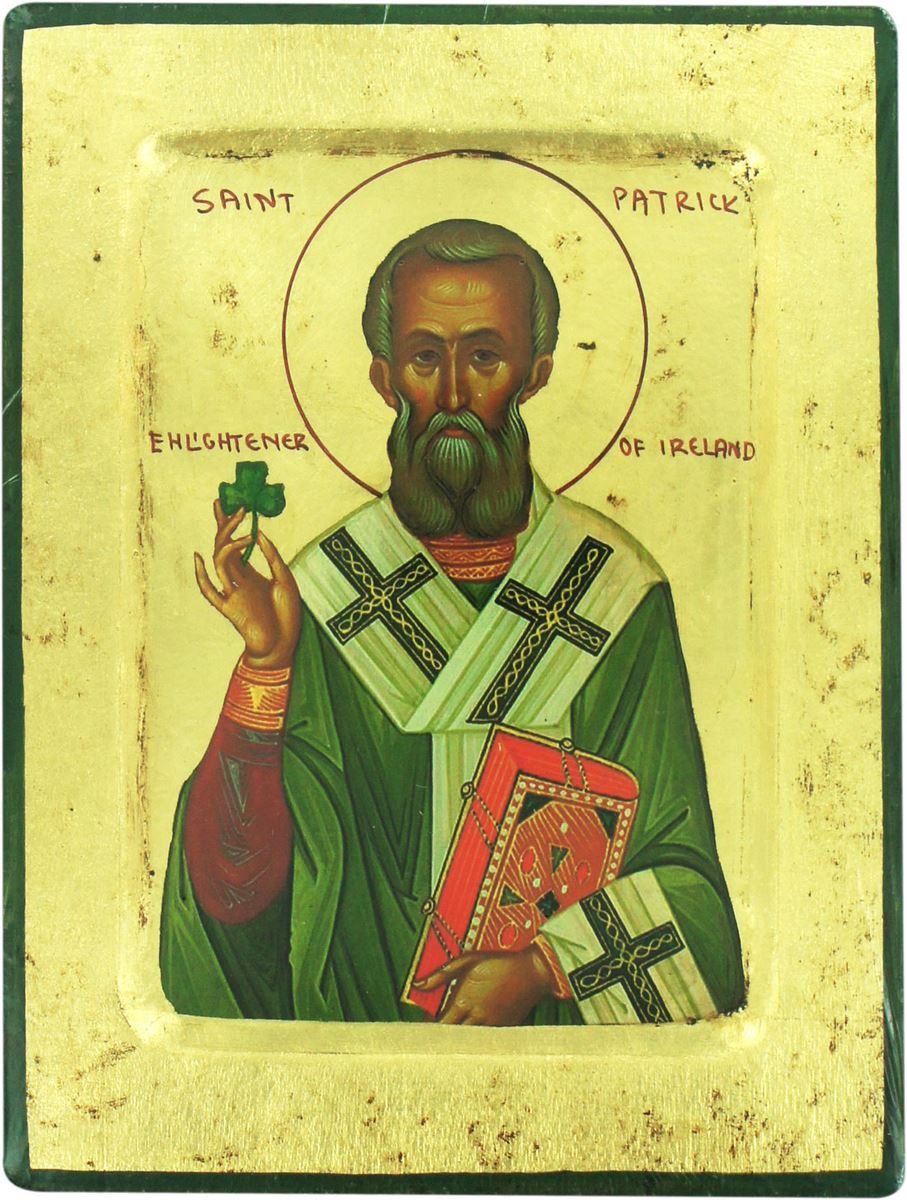 icona saint patrick / san patrizio, icona in stile arte bizantina, icona su legno rifinita con aureole, scritte e bordure fatte a mano, produzione greca - 19 x 14 cm