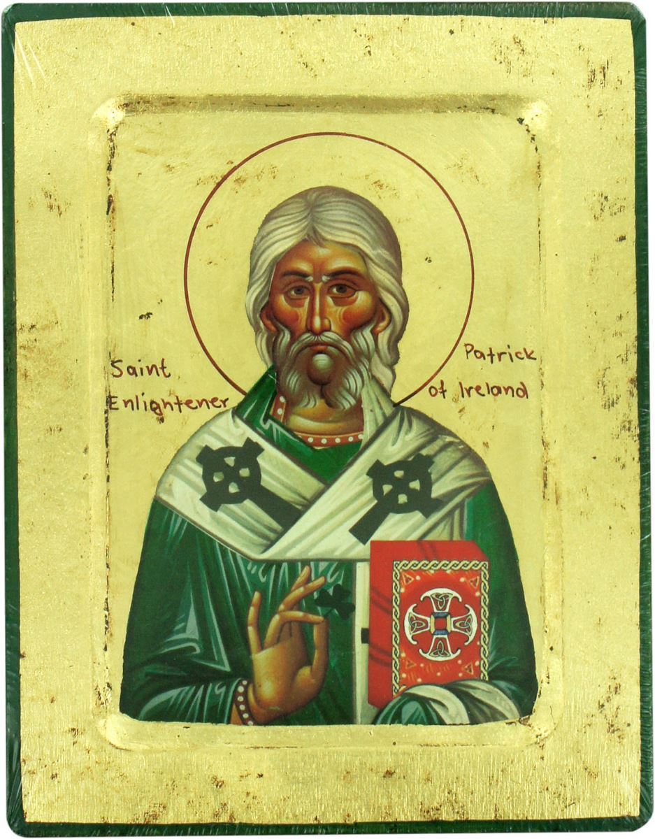 icona saint patrick / san patrizio, icona in stile arte bizantina, icona su legno rifinita con aureole, scritte e bordure fatte a mano, produzione greca - 19 x 14 cm