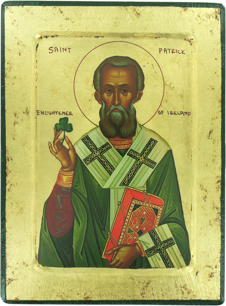 icona saint patrick / san patrizio, icona in stile arte bizantina, icona su legno rifinita con aureole, scritte e bordure fatte a mano, produzione greca - 24 x 18 cm