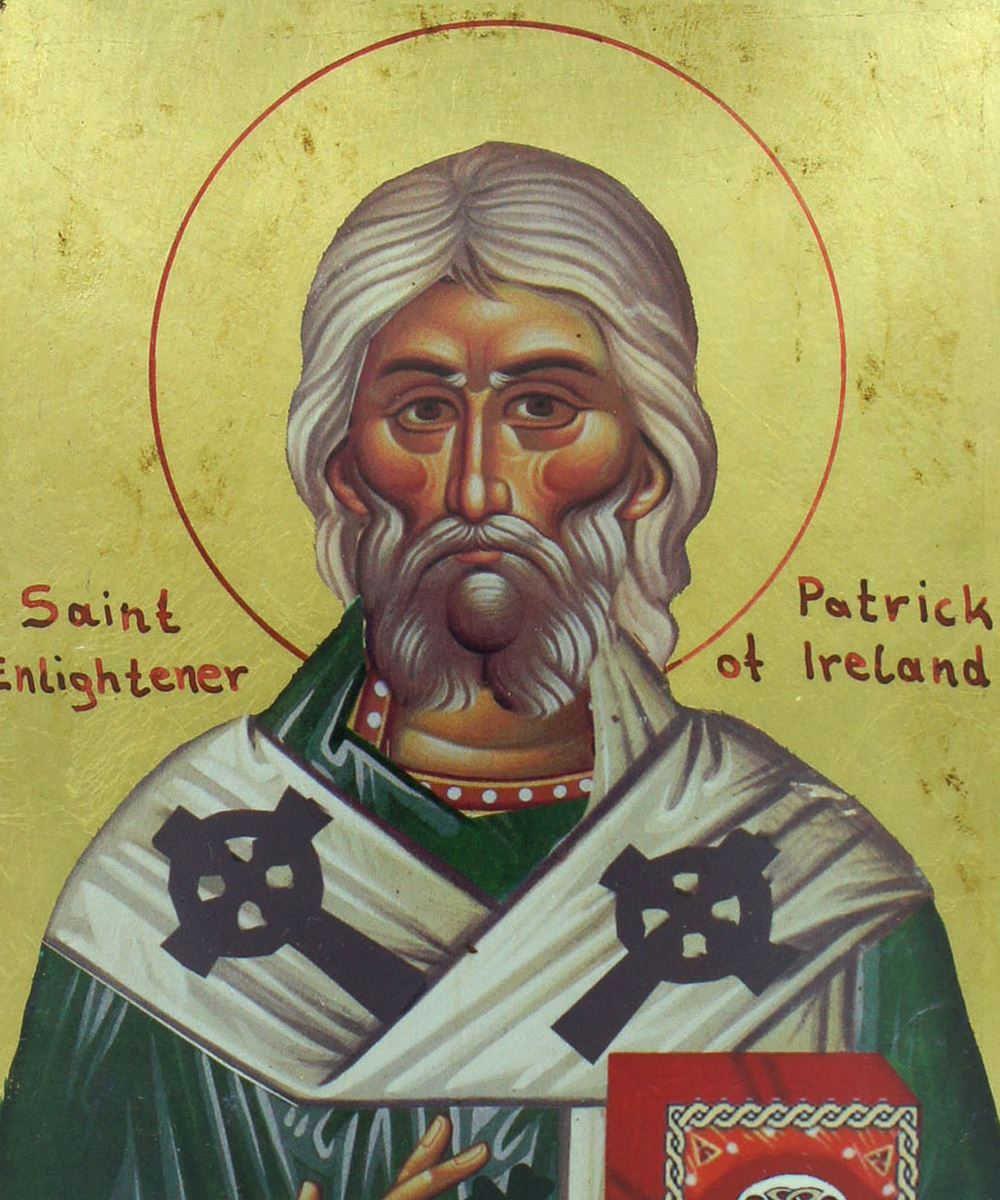 icona saint patrick / san patrizio, icona in stile arte bizantina, icona su legno rifinita con aureole, scritte e bordure fatte a mano, produzione greca - 25,5 x 18,5 cm