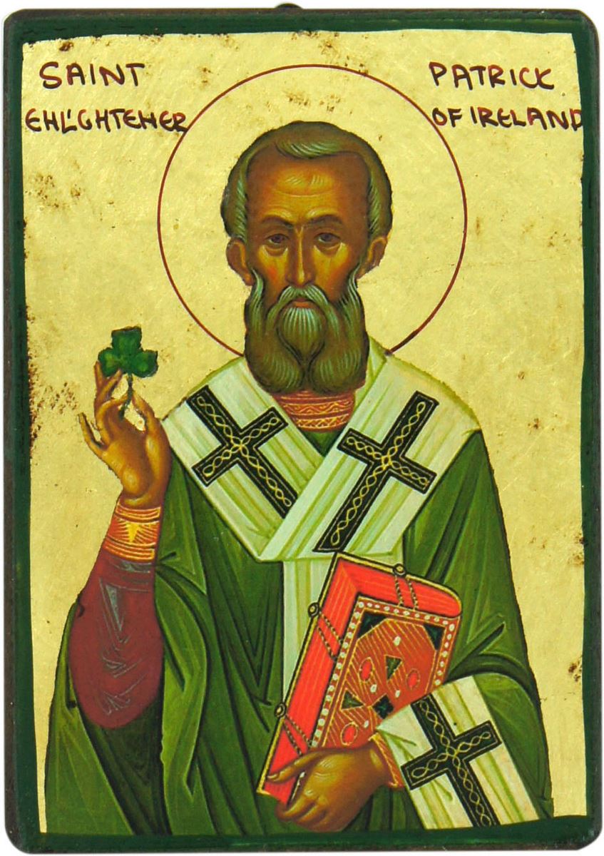 icona saint patrick / san patrizio, icona in stile arte bizantina, icona su legno rifinita con aureole, scritte e bordure fatte a mano, produzione greca - 10 x 7,5 cm