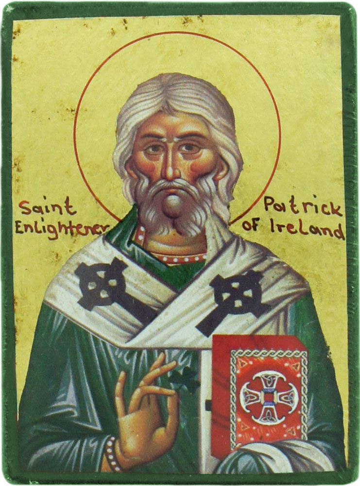 icona saint patrick / san patrizio, icona in stile arte bizantina, icona su legno rifinita con aureole, scritte e bordure fatte a mano, produzione greca - 10 x 7,5 cm