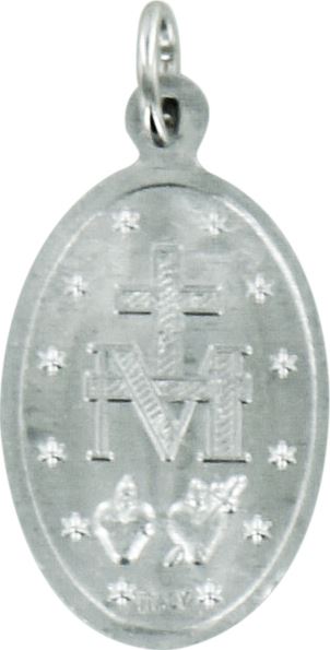 medaglia miracolosa in alluminio argentato con scritta in inglese - altezza medaglietta 2,1 cm circa