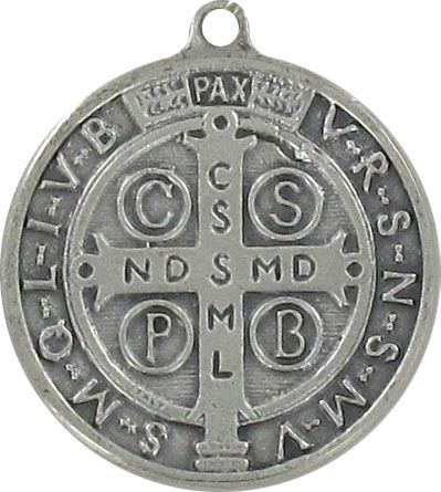 medaglia di san benedetto, pendente, ciondolo s. benedetto, metallo argentato ossidato, 9 mm