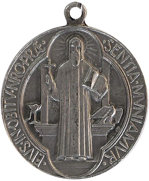medaglia san benedetto in metallo argentato ossidato - 3 cm