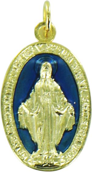 medaglia madonna miracolosa in metallo dorato con smalto blu cm 1,7