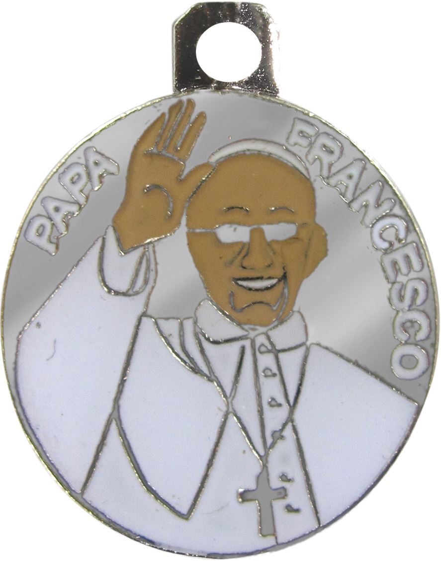 stock medaglia in acciaio raffigurante papa francesco con cordoncino mis. 1,5 x 1,5 cm