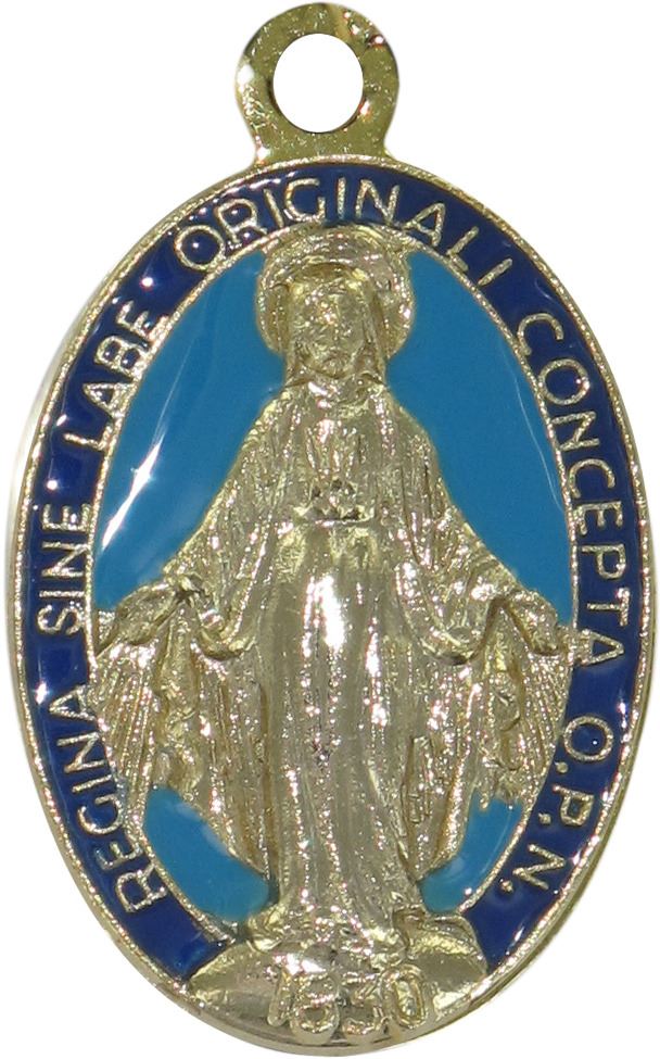stock: medaglia miracolosa coniata con bagno d'oro 24 kt con smalto blu - 2,2 cm
