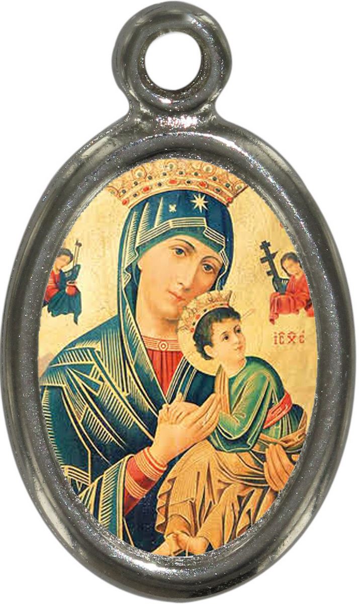 medaglia madonna perpetuo soccorso, pendente ovale, medaglietta ciondolo con immagine madonna perpetuo soccorso, metallo nichelato e resina, altezza 2,5 cm