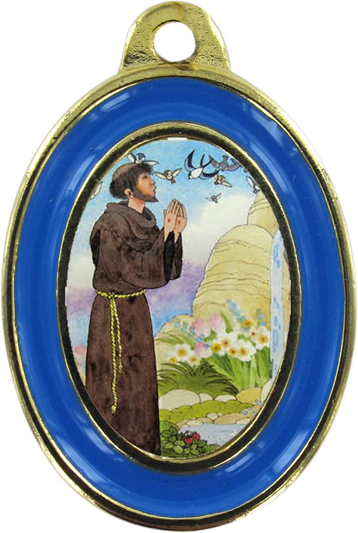 medaglia san francesco in metallo dorato con bordo azzurro - 3 cm