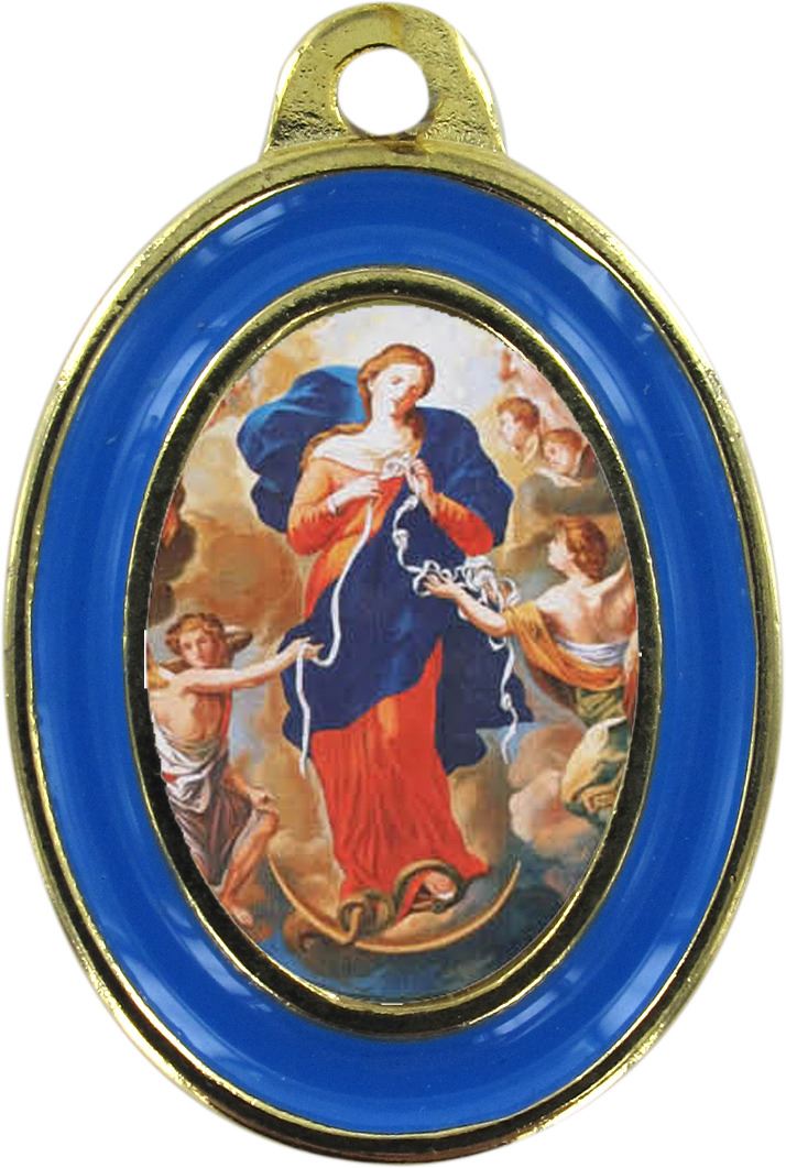 medaglia madonna che scioglie i nodi in metallo dorato con bordo azzurro - 3 cm