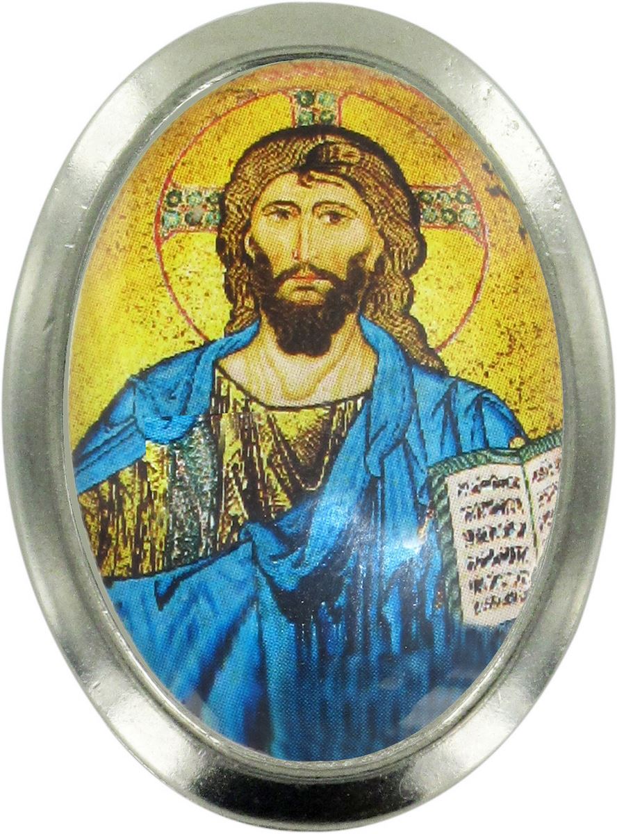 calamita cristo pantocratore con libro aperto in metallo nichelato ovale