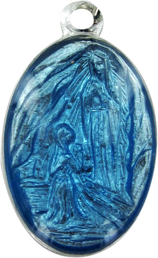 medaglia madonna lourdes in alluminio con smalto azzurro - 1,5 cm