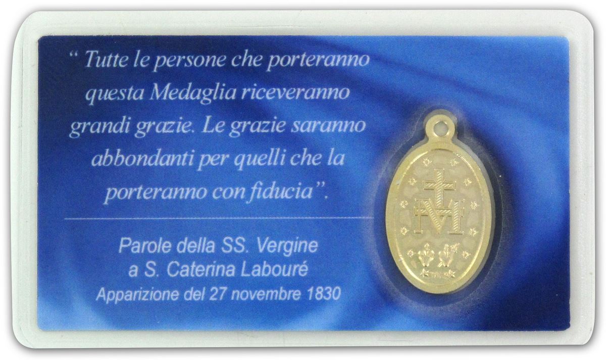 bustina con medaglia madonna miracolosa dorata, dimensione card: 6 x 4 cm