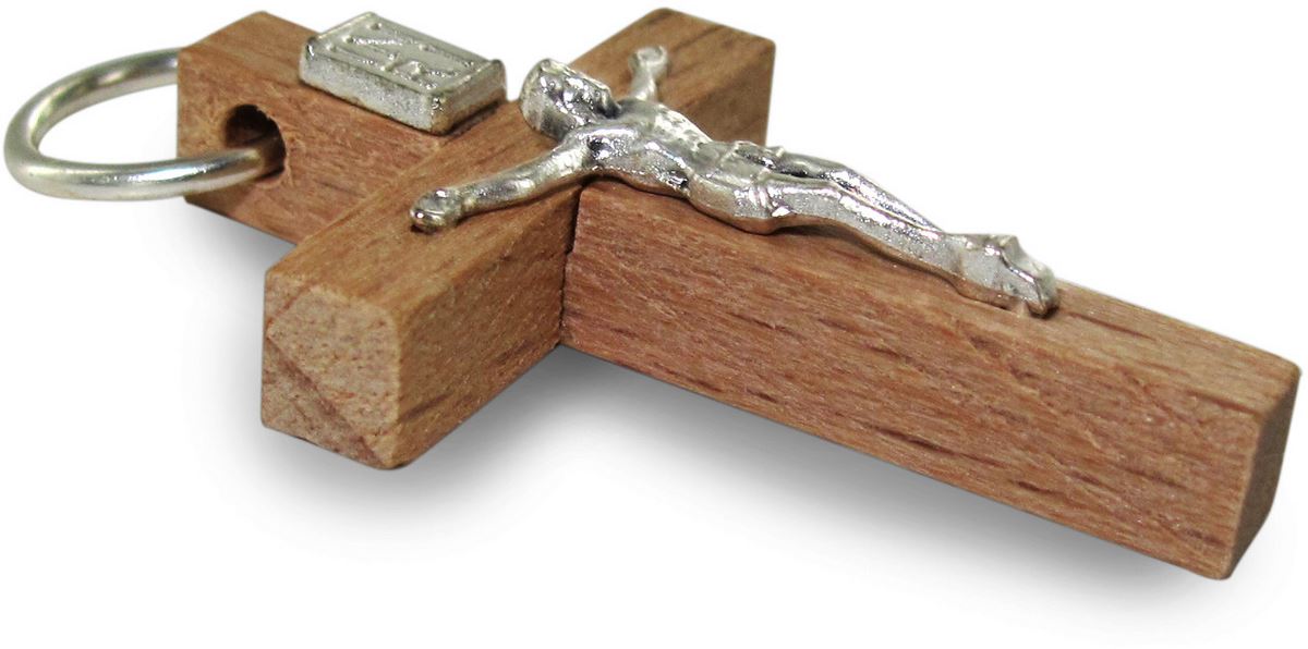 croce in legno color naturale con cristo - 3,5 cm