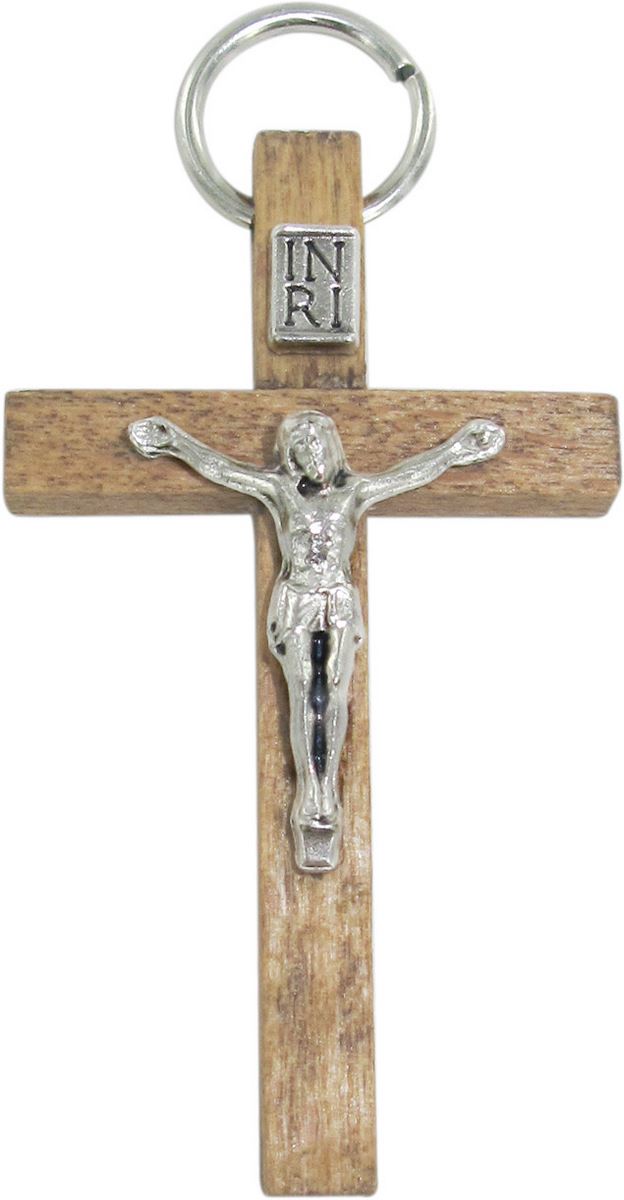croce in legno color grezzo con cristo - 4,5 cm