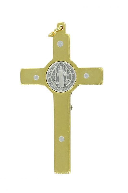 croce san benedetto in ottone dorato con smalto marrone - 5 cm
