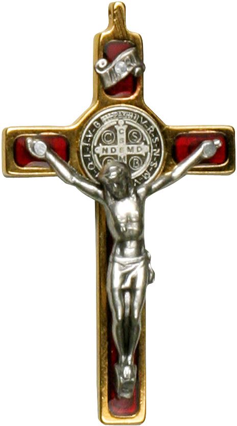 croce di san benedetto in ottone dorato con smalto rosso - 5 cm