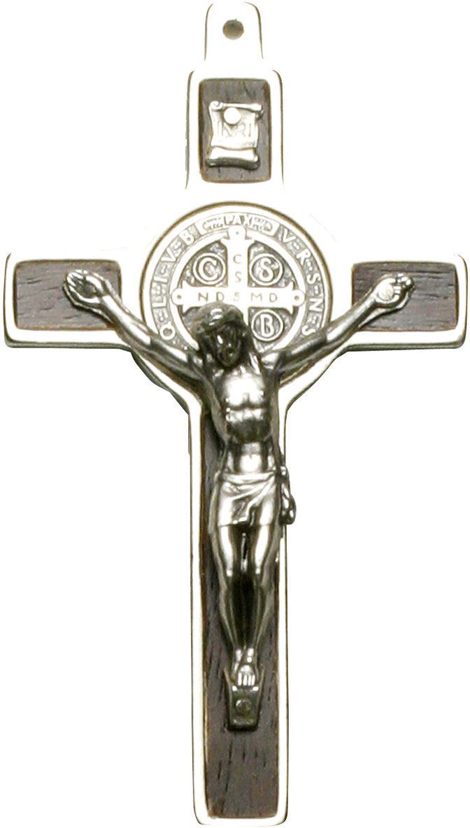 crocifisso san benedetto in legno con cristo in metallo argentato - 20 cm