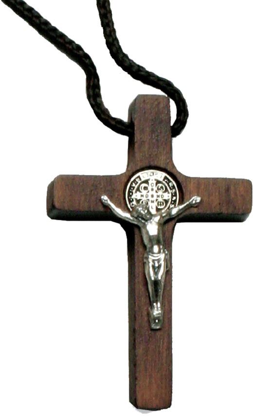 croce san benedetto in legno con cristo in metallo - 8 cm