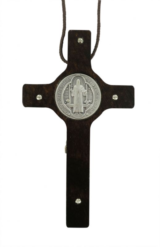 croce san benedetto in legno con cristo in metallo - 8 cm