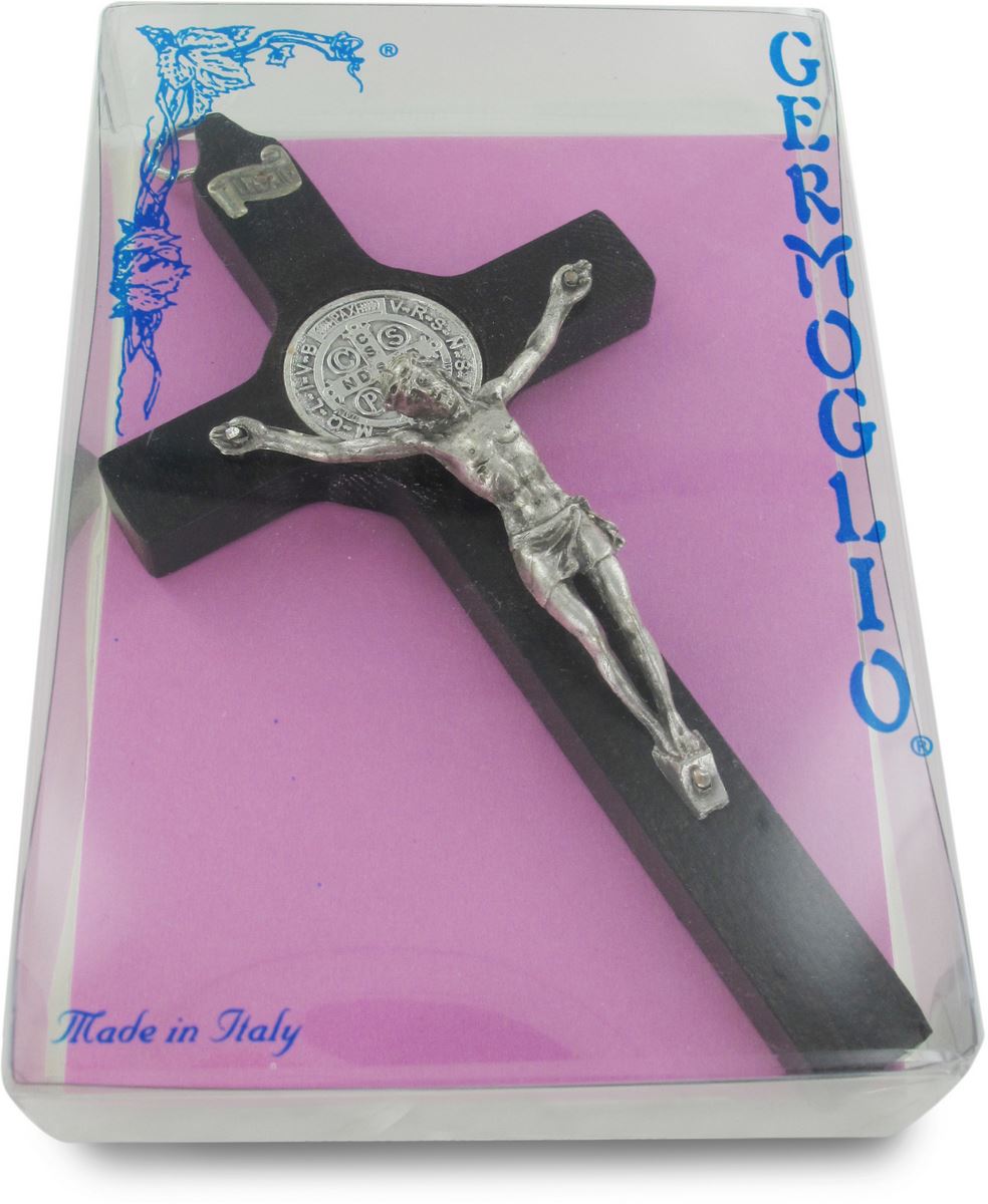 crocifisso san benedetto da parete in legno con cristo in metallo - 12 cm