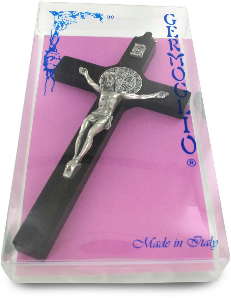 crocifisso san benedetto da parete in legno con cristo in metallo - 16 cm