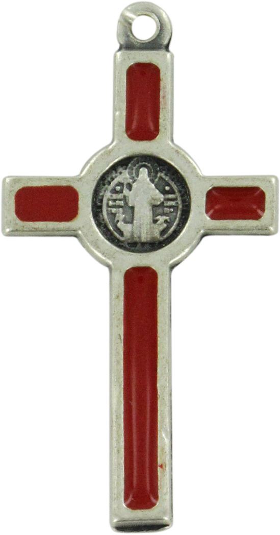 croce san benedetto in metallo nichelato con smalto rosso - 3,5 cm
