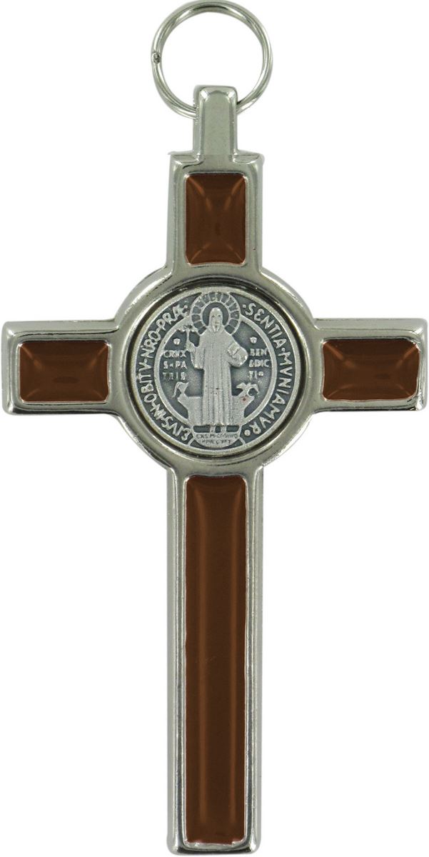 croce san benedetto, ciondolo o piccolo crocifisso da parete, metallo nichelato e smalto marrone, 8 cm