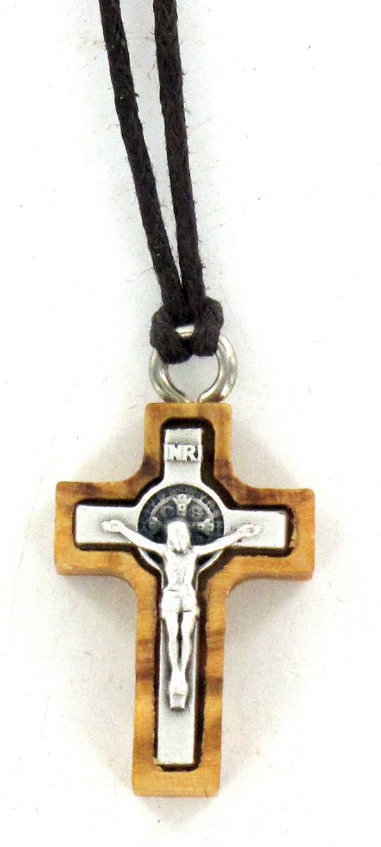 croce san benedetto in legno d'ulivo e metallo con cordone - 2,3 cm