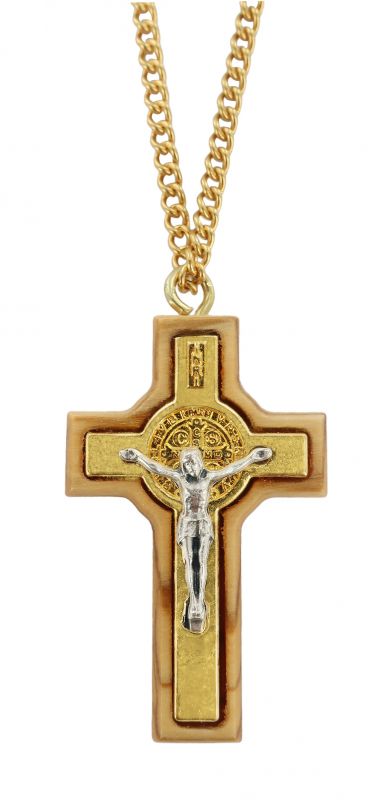 croce san benedetto in ulivo e metallo dorato con catenina