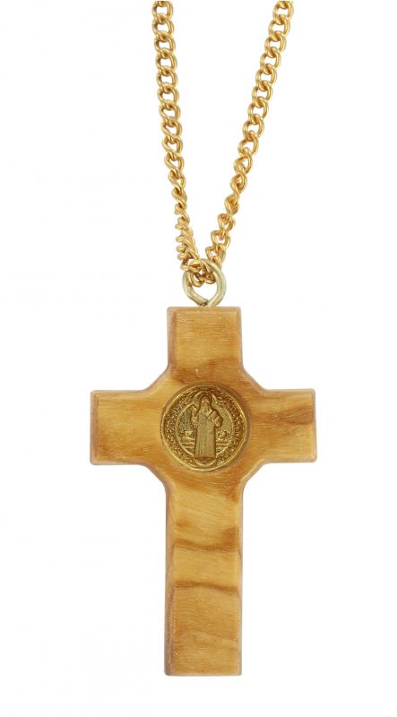 croce san benedetto in ulivo e metallo dorato con catenina