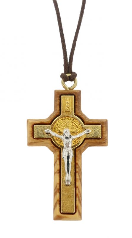 croce san benedetto in ulivo e metallo dorato con laccio